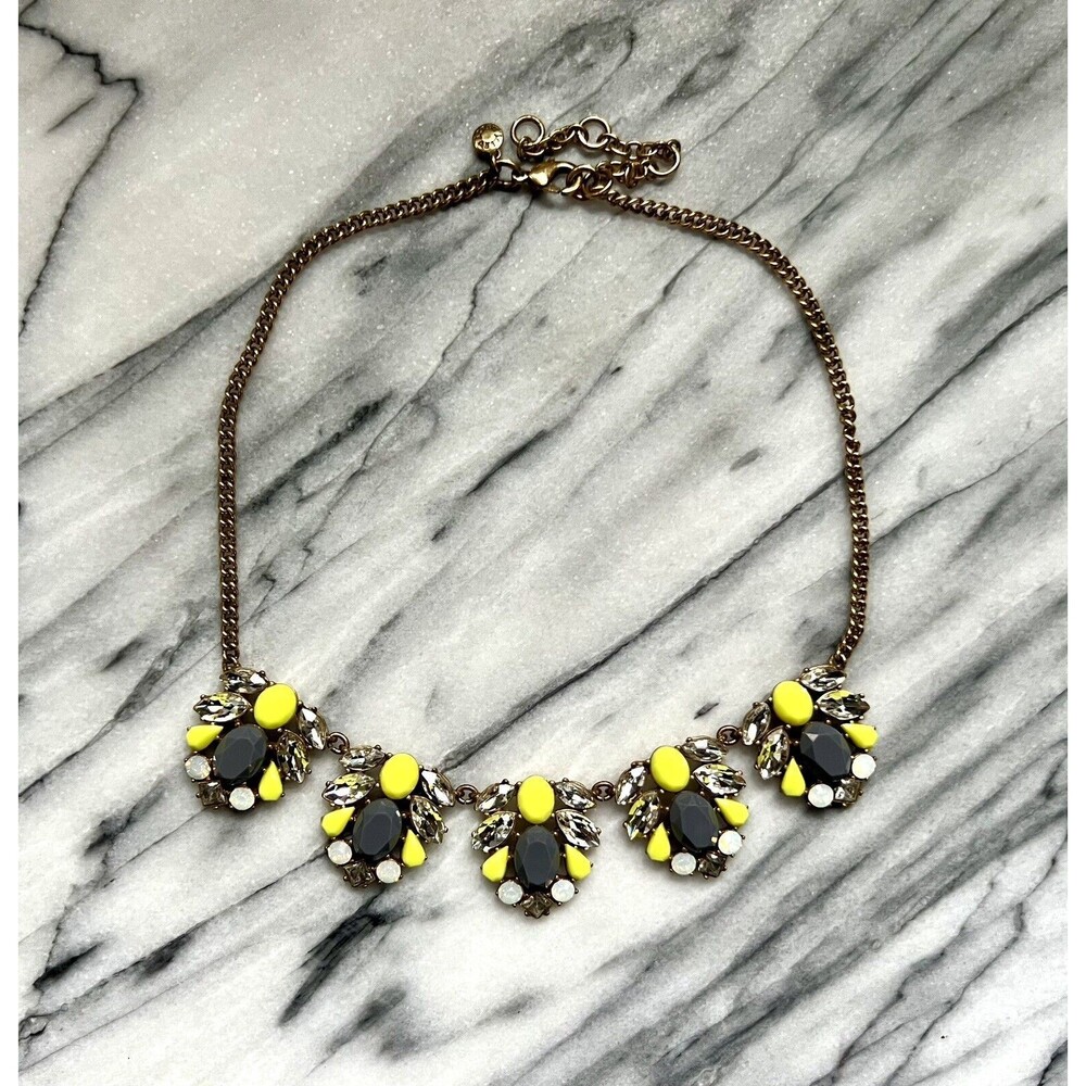 J. Crew gray, neon yellow, clear, and opal statement necklace crystal rhinestone